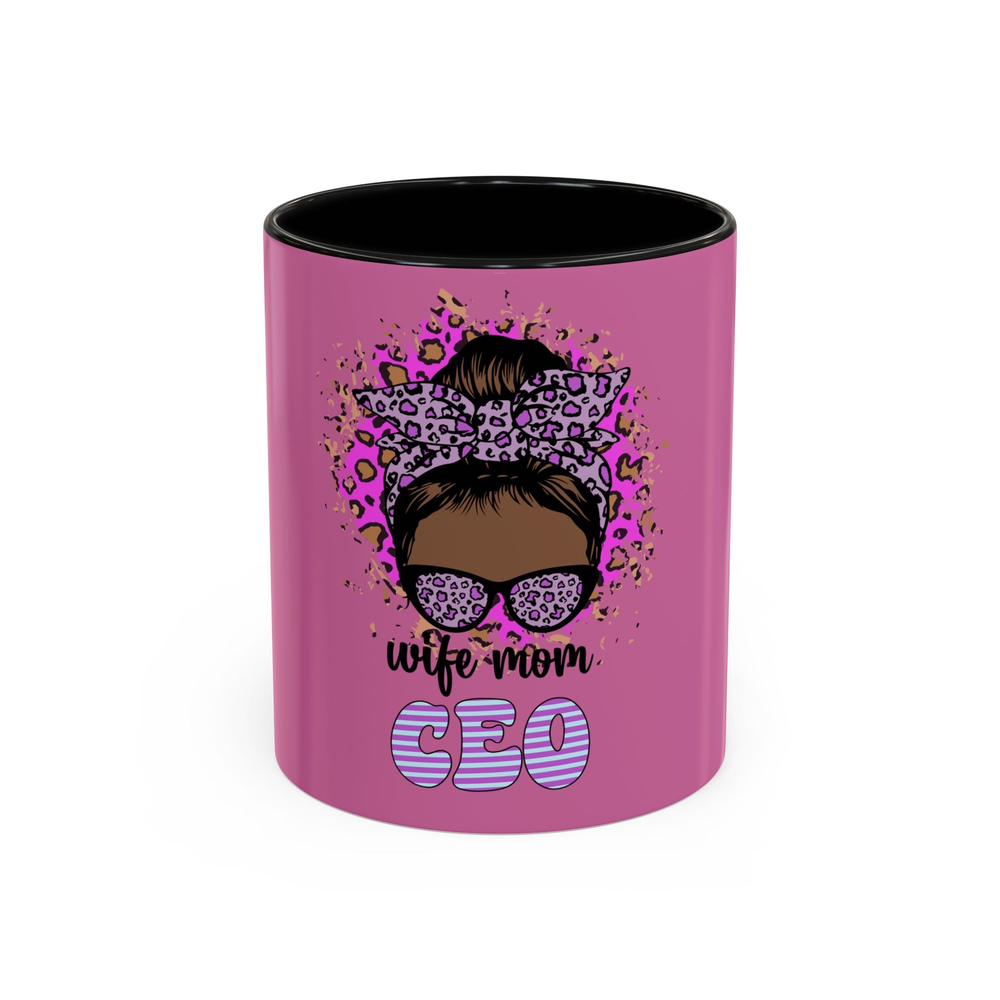 Wife Mom CEO Accent Coffee Mug - Pink Leopard Headwrap & 'Wife Mom CEO' Graphic