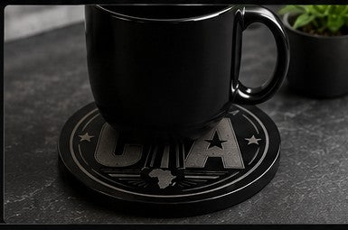 Custom acrylic coaster with coffee mug lifestyle shot