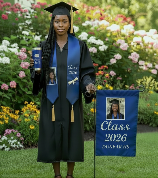 Graduate in cap and gown standing next to a garden flag with 'Class 2026' text and photo.