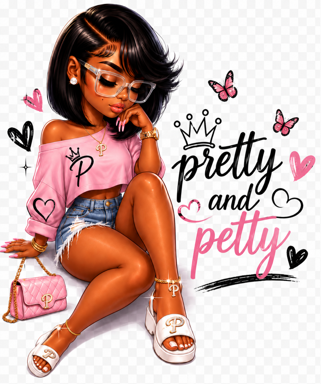 Pretty and Petty Vol. 2 sublimation tee - illustrated girl in pink with eyes closed, butterflies and hearts