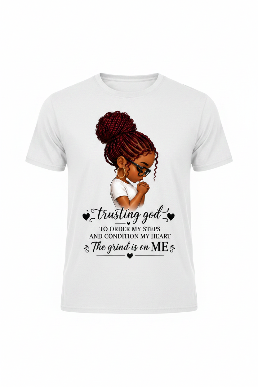 Trusting God sublimation tee - illustrated woman praying with inspirational quote on white background