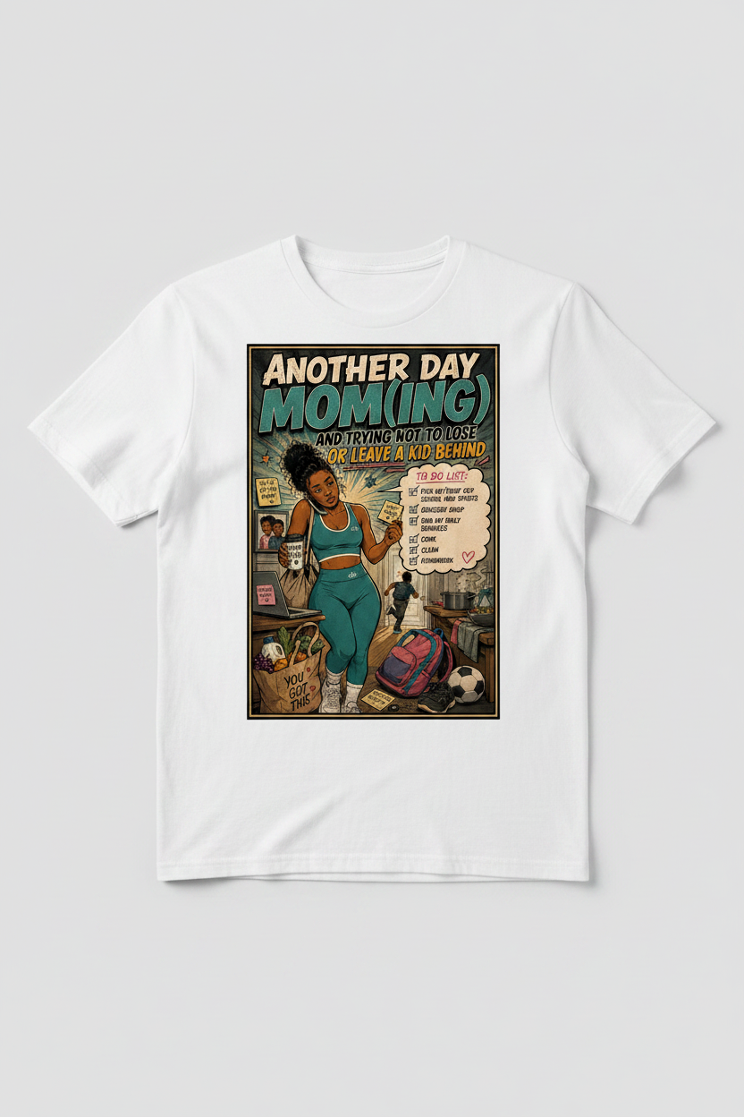 Another Day Moming sublimation tee - comic style illustration of a busy mom multitasking