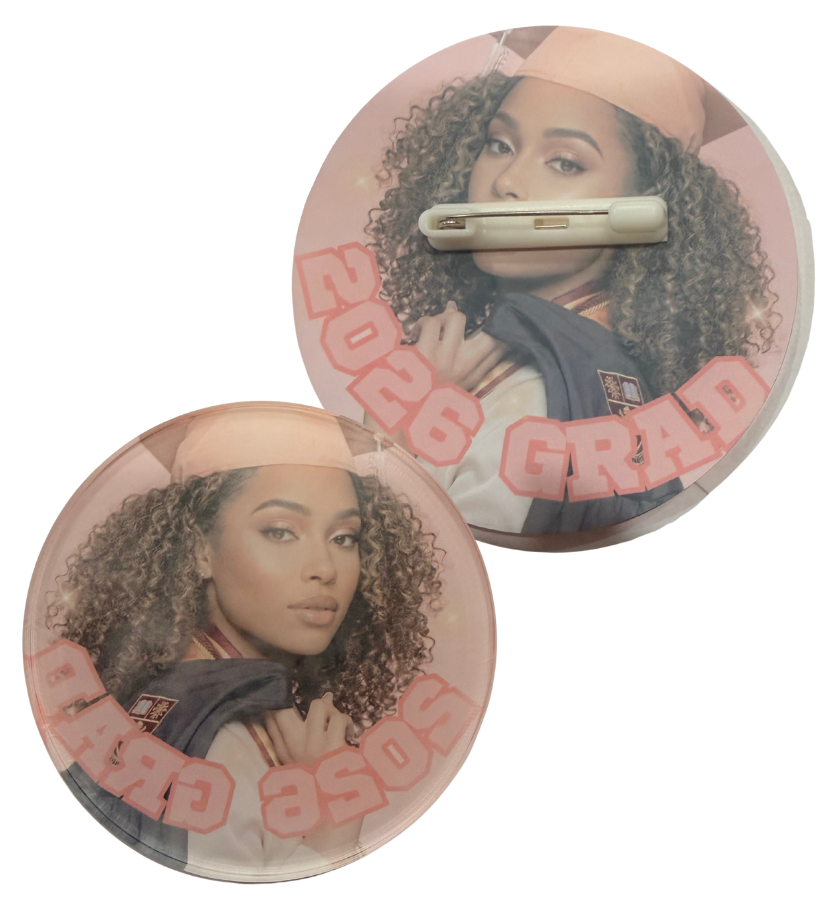 Custom Grad Button – Senior Photo, School Colors, Acrylic Finish