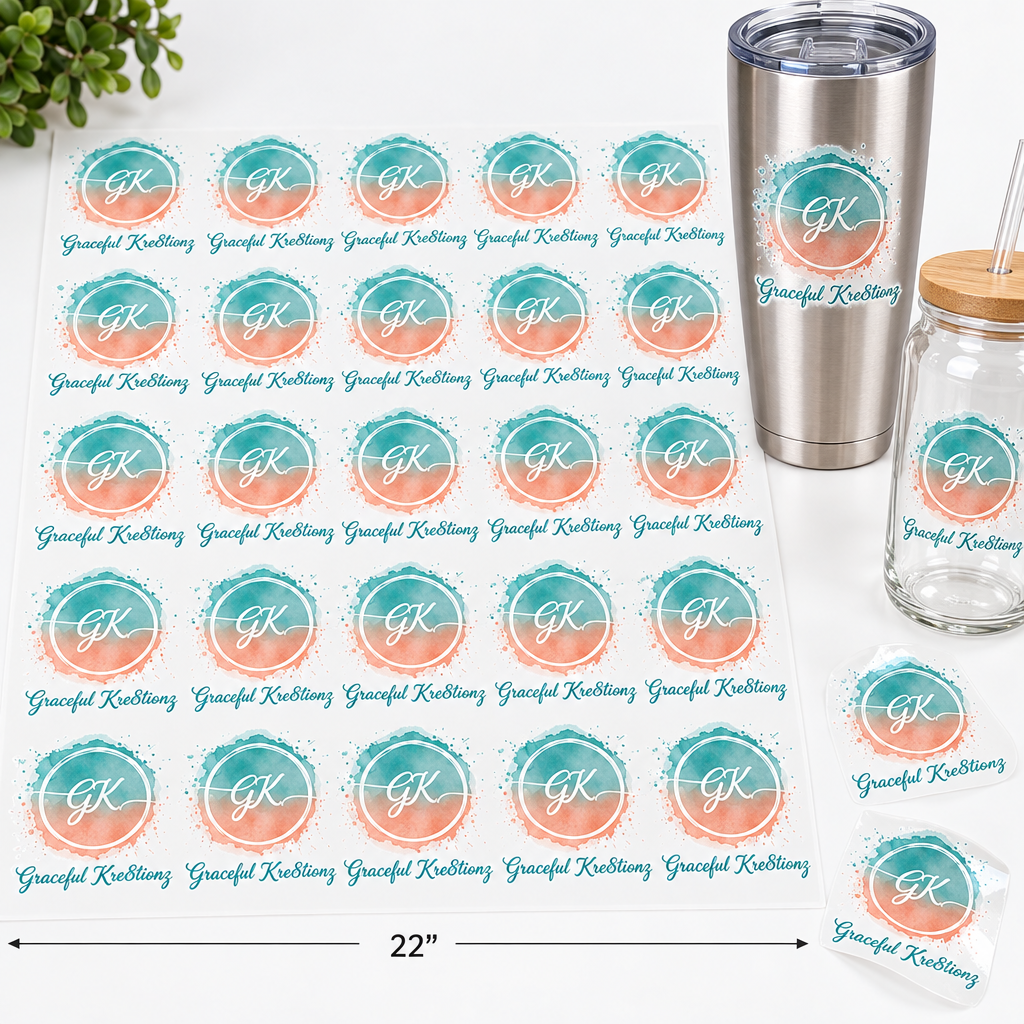 UV-DTF gang sheet filled with repeated Graceful Kre8tionz logo decals, applied to a tumbler and glass jar